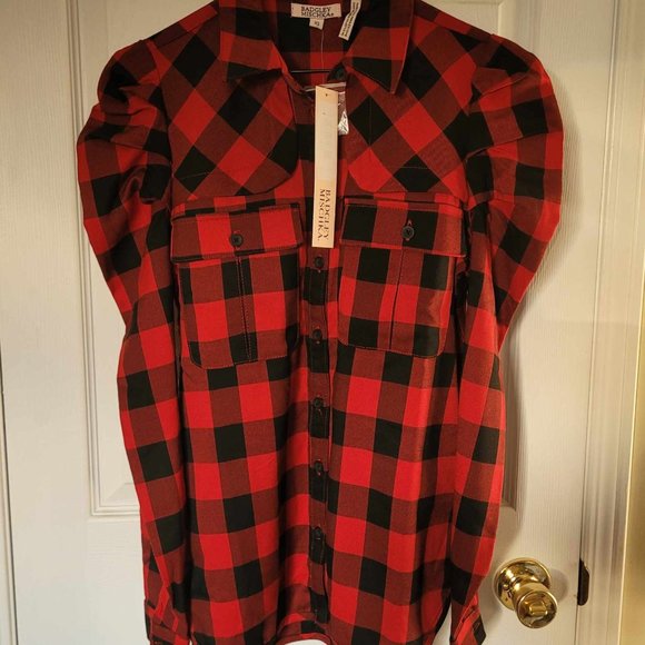 Badgley Mischka Button Down Plaid Shirt With Sleeve Detail - NEW - Size XS - Picture 2 of 5
